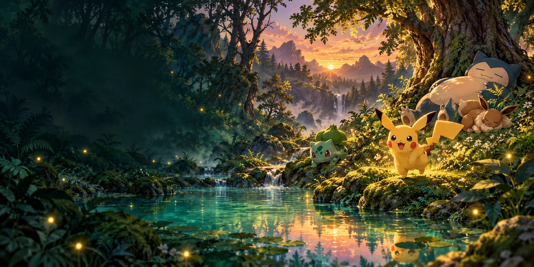 Pikachu, Snorlax, Eevee og Bulbasaur ved en gylden skovsø